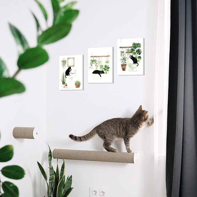 CHDITB Black Cat Bathroom Canvas Wall Art Set of 3, Funny Cat Watercolor Painting, Botanical Cats Wall Decor, Boho Plants Poster, Cute Kitten Art Prints For Restroom Laundry Room Decor(12X16 Inch)