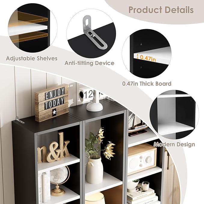 FOTOSOK 8-Tier Media Tower Rack, 11.6 X 9.3 X 71 Inches CD DVD Slim Storage Cabinet with Adjustable Shelves, Tall Narrow Bookcase Display Bookshelf for Home Office, Black/White