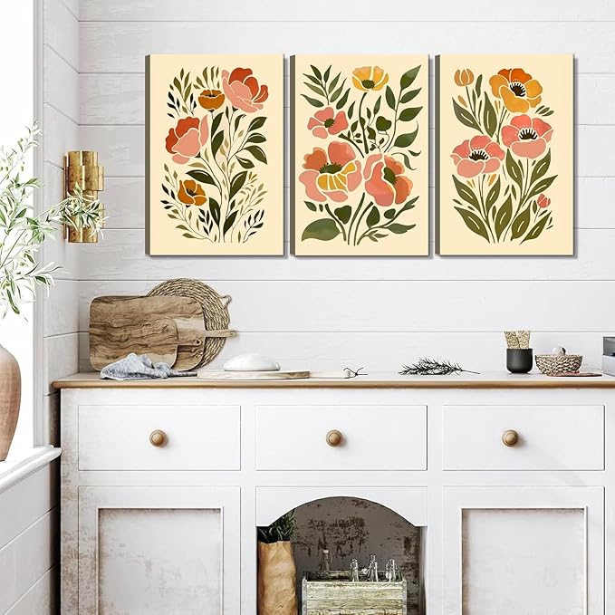 SFXYRTAH 3Pcs Boho Floral Canvas Wall Art Abstract Botanical Flower Prints Minimalist Plant Artwork for Living Room Bedroom Office Home Decor (12x16in canvas)