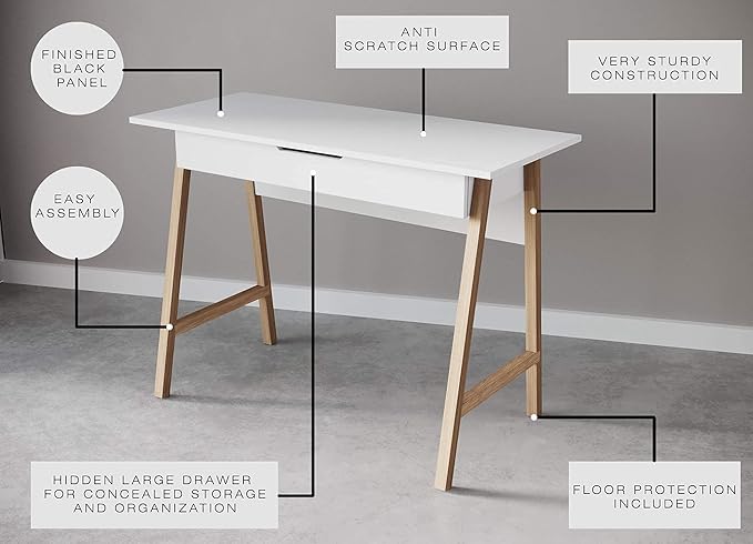Modern Design Parma Small Desk for Bedroom, White Writing Desk 42 Inch with Drawer, by Crafts and Comfort