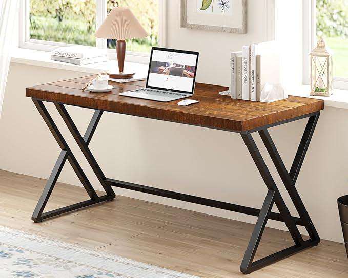 Real Wood Computer Desk, Modern Natural Wood Home Office Desk, Rustic Solid Wood Work Study Writing Desk, Farmhouse Workstation PC Gaming Executive Table for Bedroom, Brown, 47 inch