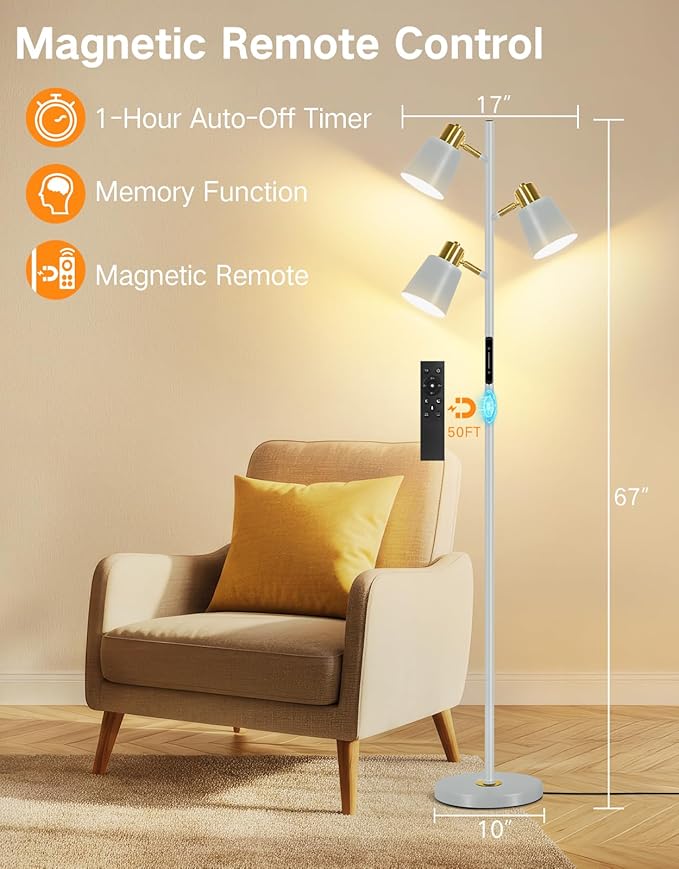 OUTON Tree Floor Lamp, LED Dimmable Floor Lamp with Remote and Touch Slide Control, 4 Color Temperatures, 3 Rotatable Lights, Modern Standing Lamp for Living Room Bedroom Office, Grey & Gold
