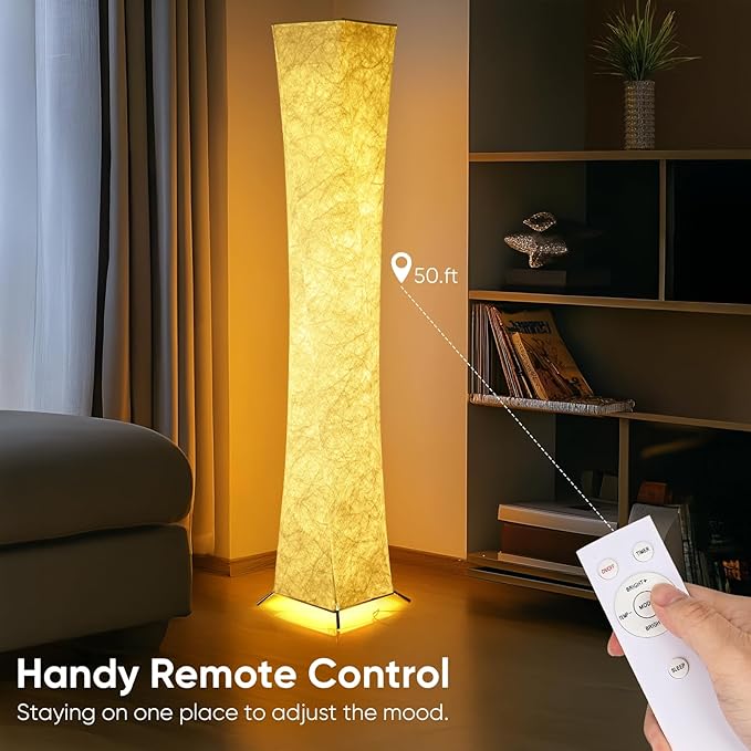 YIEONSHION Modern Floor Lamp with Soft Light, 52 Inch, Remote Control for 3 Colors & Brightness, Energy Efficient LED Tyvek Fabric Shade for Bedroom, Living Room