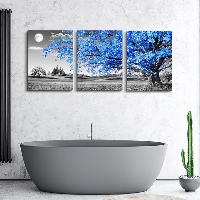 Lapremoly Canvas Wall Art For Salon Living Room Large Wall Decor For Office Bedroom Decor Black And White Nature Landscape Pictures Blue Trees Paintings Modern Home Walls Artwork 3 Pieces