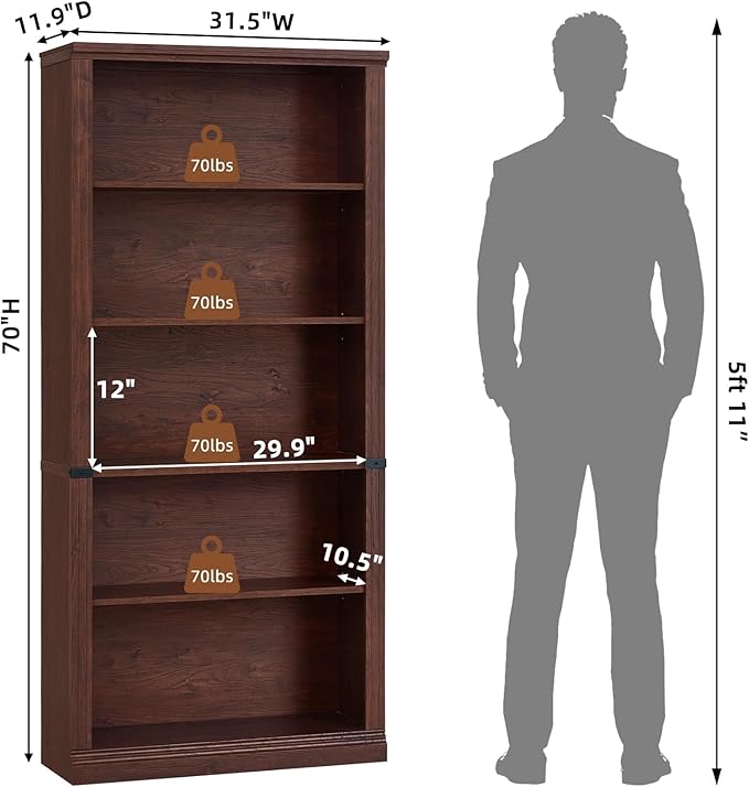 70" Walnut Tall Bookshelf Set of 2,5-Tier Thick Wooden Book Shelf with Adjustable Shelves,Free Standing Farmhouse Bookcase with Open Display Storage,Floor Vintage Bookshelves for Living Room