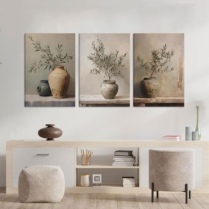 3Pcs Framed Vintage Vase Canvas Wall Art Green Rustic Olive Branch Wall Decor Pictures Antique Still Life Plant Posters Paintings Prints for Bedroom Living Room Kitchen Artwork Home Decoration