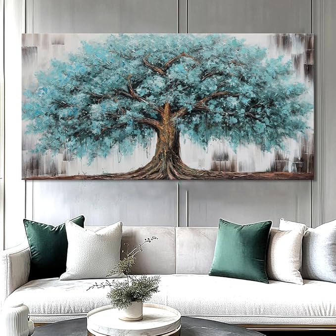 liysawg Wall Art Tree of Life Abstract Modern Artwork Blue Teal Tree Canvas Painting for Bedroom Living Room Office Large Decor 71"x36"