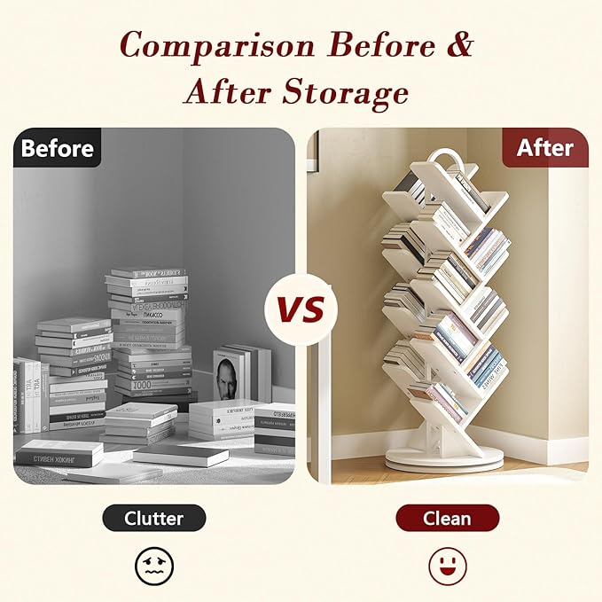TVU 16-Tier Tree Rotating Bookshelf, 360 Degree Spinning Standing Bookcase for Magazines DVDs Books, Corner Bookcase for Living Room Bedroom Study, White