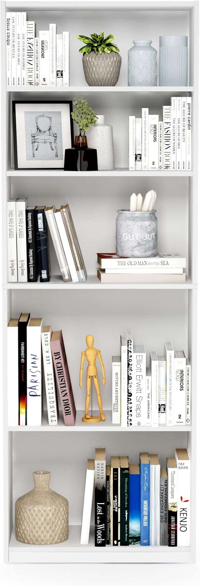 Furinno Jaya Book Shelf, 5-Tier Bookshelf, Bookcase with Adjustable Shelves, 9.5 x 24.5 x 71.2, for Organization and Storage, for Living Room, Bedroom, Home Office, White