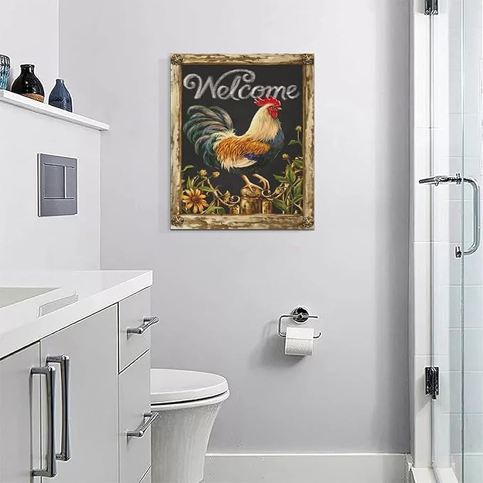 yerretin Farmhouse Rooster Wall Art Rustic Farm Chicken Pictures Wall Decor Country Canvas Painting Modern Artwork Home for Kitchen Bathroom Living Room Bedroom Office Framed 16"x20"