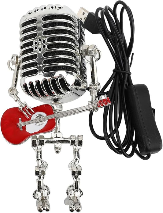ZJchao Vintage Microphone Guitar Robot Table Lamp Aluminum Retro Metal Robot Night Light for Bedroom Desk Home Decor (Red)
