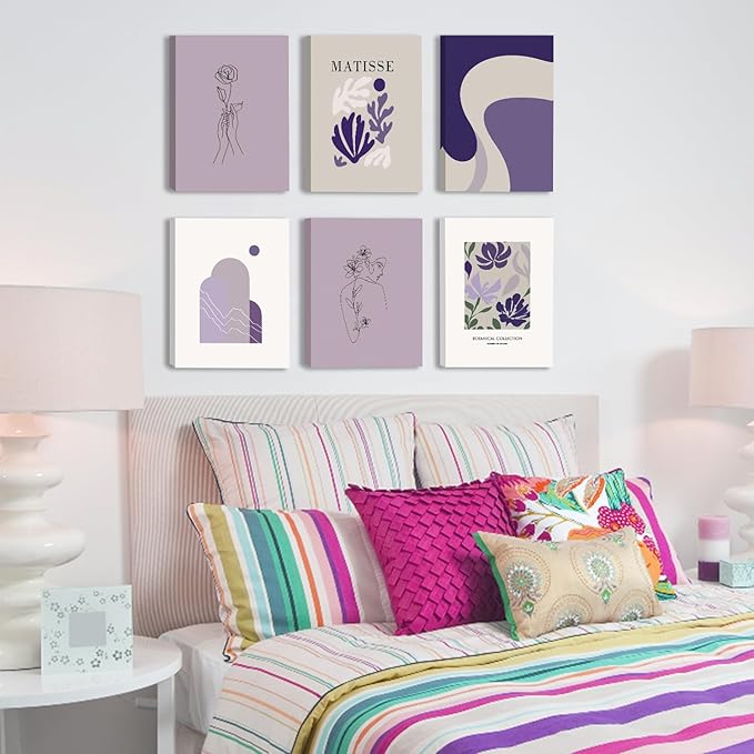 CHDITB Matisse Theme Wall Decor Purple Flowers Canvas Prints Minimalist Floral Framed Set of 6(12”X16”)Matisse Wall Art Posters Abstract Matisse Botanical Decor for Living Room Dress Room Girls Room
