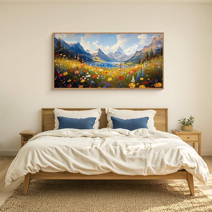 HOURIA Spring Boho Vibrant Watercolor Wildflower & Snowy Mountain Framed Canvas Wall Art Set,Colorful Floral Landscape Decor,Modern Natural Field Scenery Artwork for Living Room,Bedroom,Farmhouse- 20"×40"×1