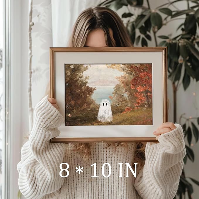 uniro Retro Cute Ghots Wall Art Cute Ghost in Field Pictures Wall Decor Moody Gothic Ghost Poster Print for Living Room Bedroom Bathroom, Halloween Home Wall Decor(8" x 10"-UNFRAMED)
