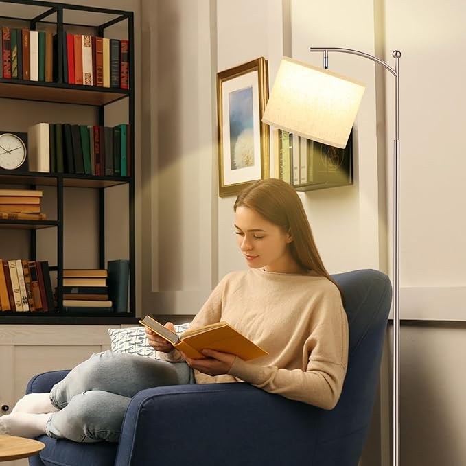 Ambimall 60" Floor Lamps for Living Room with 3 Color Temperatures, Adjustable Beige Shade with Light Gold Pole, Tall Lamps for Living Room Bedroom Office Classroom Dorm Room, 9W Bulb Included
