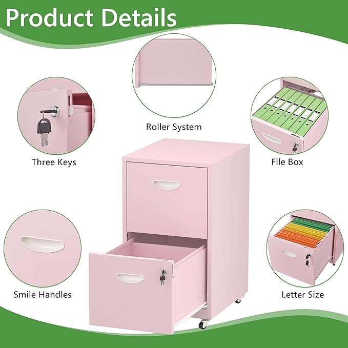 2 Drawer Rolling File Cabinet with Lock,Filing Cabinets for Home Office,Two Drawer File Cabinet, Mobile Under Desk File Cabinets,Printer Stand with Wheels Fit Letter/A4,Assembly Required