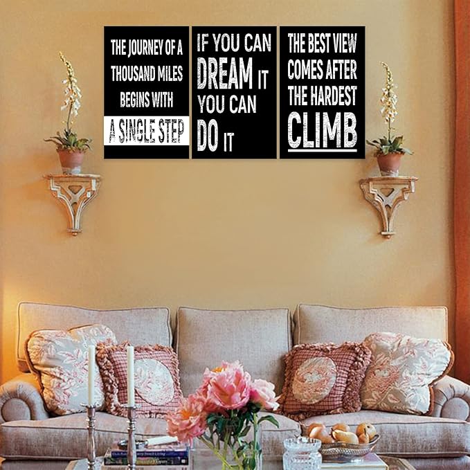 3 Piece Inspirational Wall Art, Black Background Sayings Picture, Quotes Motivational Canvas Prints for Gym Wall Decor, Triptych Entrepreneur Painting Framed Artwork for School Decor (48"Wx24" H)