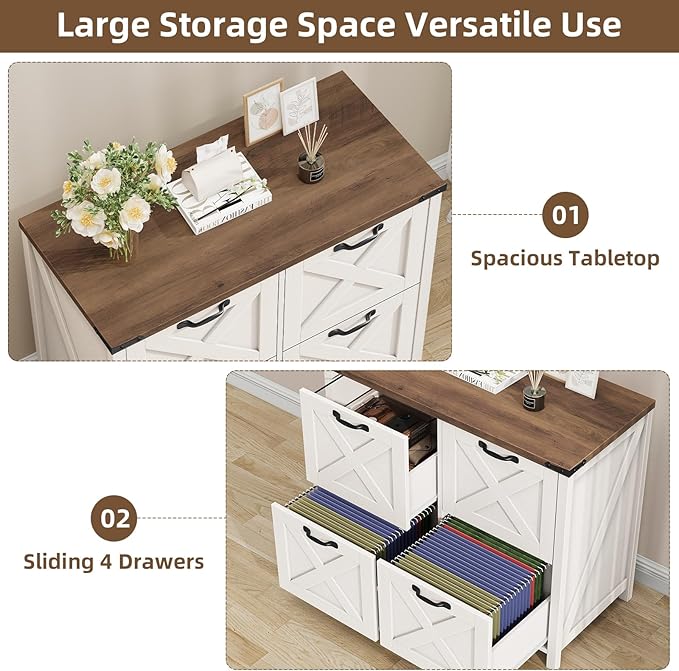 Farmhouse File Cabinet, Lateral Filing Cabinet with 4 Drawers for Letter/A4 Size Hanging Files, Wooden Printer Stand File Storage Cabinet for Home Office Cabinets, Rustic White