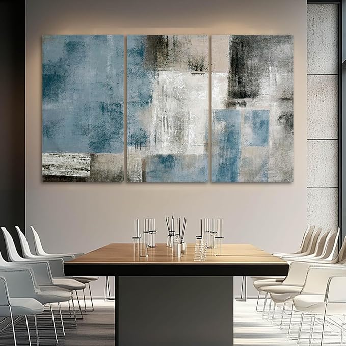 SDYA Large Blue Abstract Wall Art Set Of 3 Canvas 24x48 In,Modern Blue Grey Minimalist Painting,Contemporary Wall Decor Pictures for Living Room