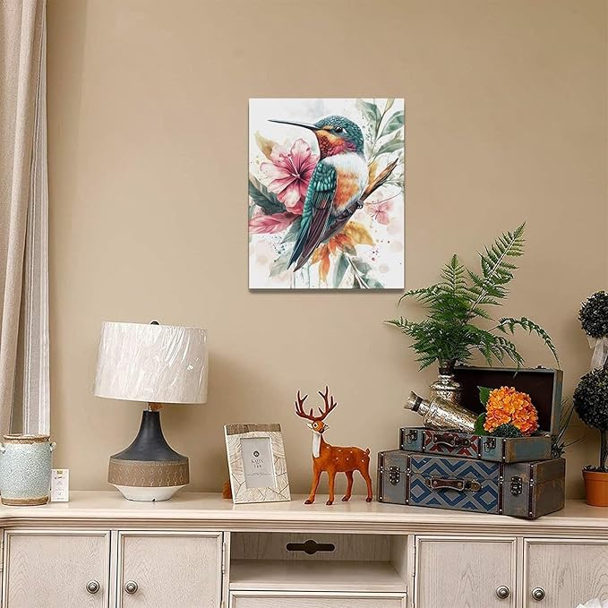 Watercolor Hummingbird Wall Art Country Flower Bird Pictures Wall Decor Colorful Canvas Painting Modern Home Artwork Decorations for Bathroom Bedroom Living Room Office Framed 16"x20"