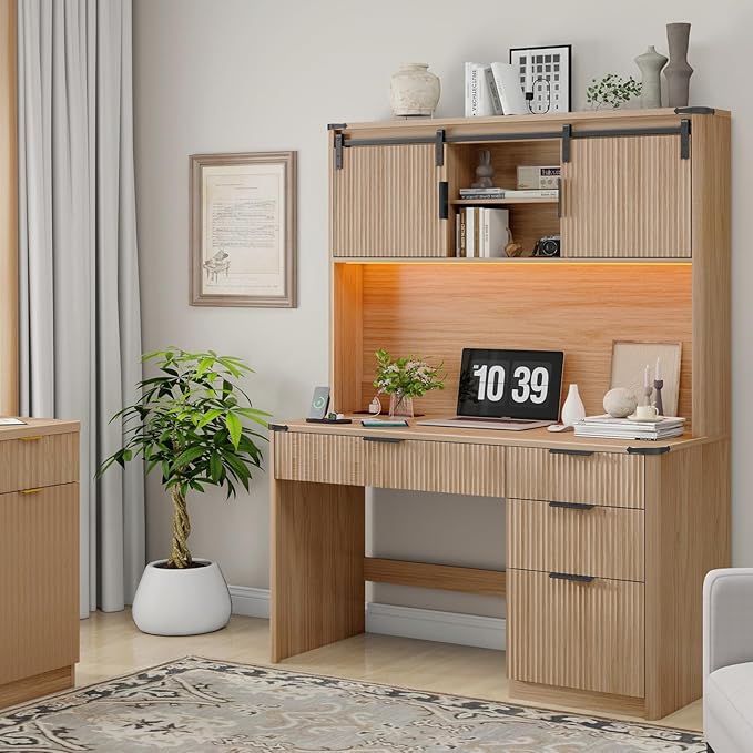 Vabches 67" H Executive Desk with Fluted Drawers,4 Drawers Fluted Computer Desk with LED Light,Charging Hub,Wood Workstation with Hutch and Sliding Barn Doors for Work and Study