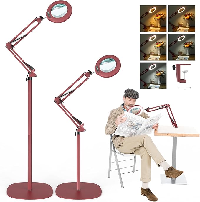 10X Magnifying Glass with Light and Stand, Real Glass Lens (Not Acrylic), 5 Color Modes, Stepless Dimmable, LED 3-in-1 Floor Lamp, Swing Arm with Clamp, Lighted Magnifier Hands Free for Crafts - Red