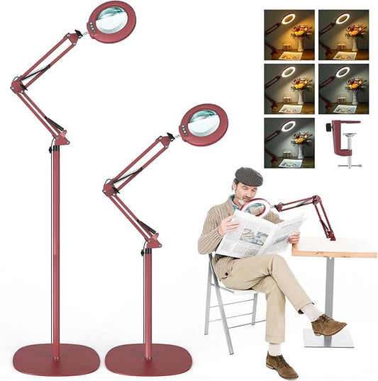 10X Magnifying Glass with Light and Stand, Real Glass Lens (Not Acrylic), 5 Color Modes, Stepless Dimmable, LED 3-in-1 Floor Lamp, Swing Arm with Clamp, Lighted Magnifier Hands Free for Crafts - Red