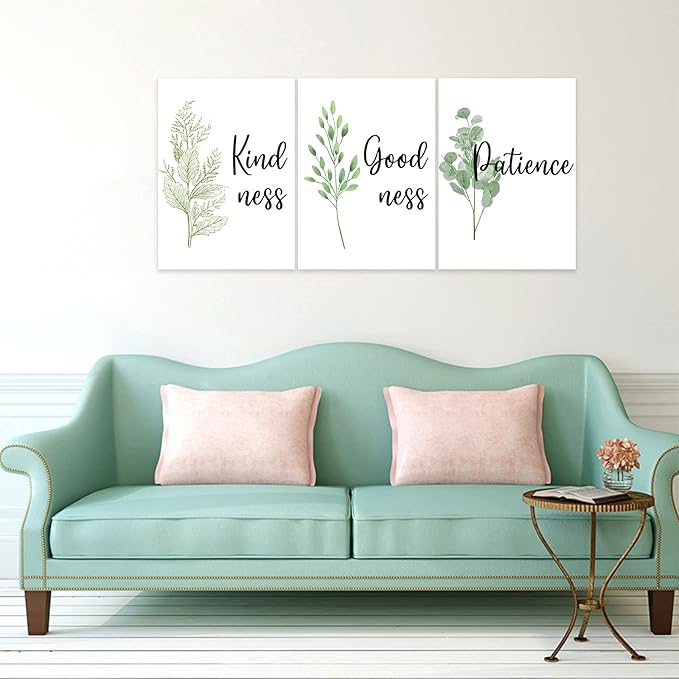 3 Piece Inspirational Wall Art, White Plant Background Picture, Quote "Kind Good Patience" Canvas Print for Office Decor, Triptych Entrepreneur Painting Framed Artwork for Home Wall Decor (36"Wx24" H)
