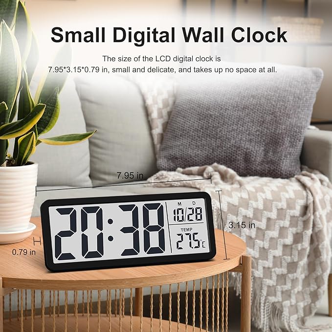 JoFomp LCD Digital Wall Clocks Battery Operated, 8.5" Modern Wall Clocks for Living Room Decor, Simple Digital Wall Clock with Temperature/Date/Time - 12/24H, Small Desk Clock for Bedroom Office