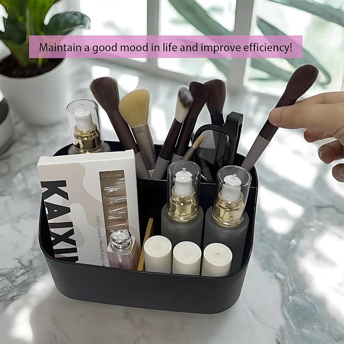 Pen Holder Desktop Organizers with 5 Compartments, Office Supplies Organizers and Accessories, Makeup Organizer Makeup Brush Holder, Remote Control Holder with Movable Wooden Partition