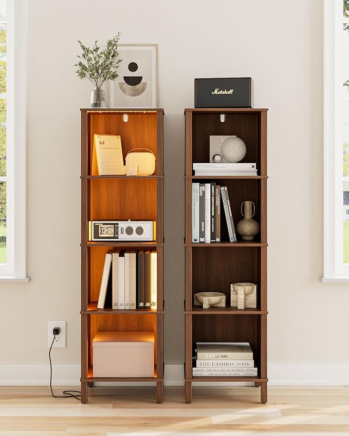 Bookshelf, Modern 4-Tier Bookcase, Open Storage Book Shelf, 11 × 14.2 × 50.4 Inches, Small Narrow Bookshelves for Living Room, Home Office, Bedroom, Walnut