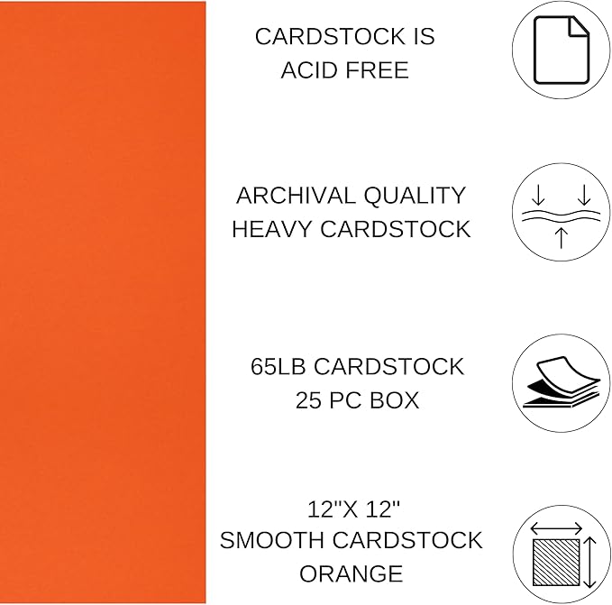 PA Paper Accents Smooth Cardstock 12" x 12" Orange, 65lb colored cardstock paper for card making, scrapbooking, printing, quilling and crafts, 25 piece pack