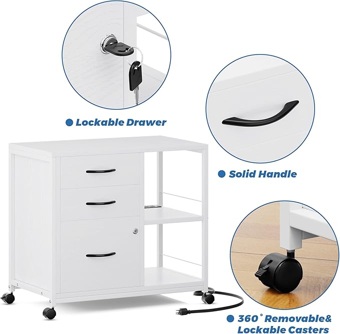 Lulive File Cabinet for Home Office, Filing Cabinet with Lock and USB Charging Port, 3 Drawer File Cabinet, Rolling File Cabinet with Storage for A4, Letter Size, White, HI1355