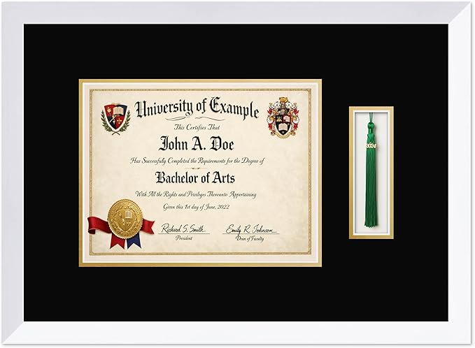 CountryArtHouse Diploma and Tassel Frame Fits 11 x 8.5 US Letter Certificate with Tassel Hook Bright White Genuine Hardwood Shadowbox with Black Over Metallic Gold Double mat