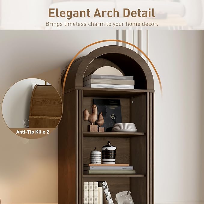 Tall Narrow Bookshelf, Arched Bookshelf with 2 Drawers, 7-Tier Farmhouse Arch Bookcase, Wooden Book Shelf with Open Display Shelves for Office, Living Room, Kitchen, Walnut