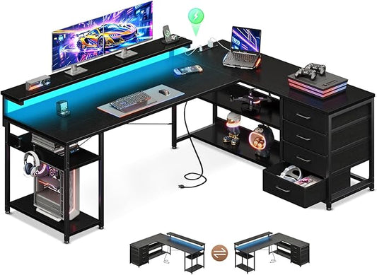 AODK 61" L Shaped Desk with Drawer, Computer Desk with Power Outlets & LED Lights, Reversible Corner Gaming Desk for Home Office Workstation, Office Desk with Monitor Shelf, Pure Black