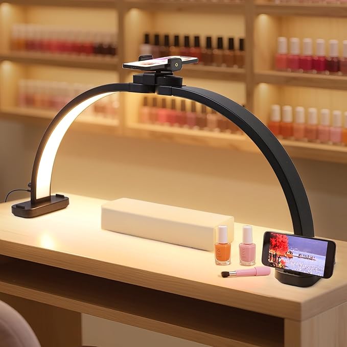 Foldable Half Moon Light for Nail Desk, 31in 45W Nail Desk Lamp with Phone Holder, Half Moon Table Lamp with Stepless Color Temperature Dimmable for Manicure (Black)