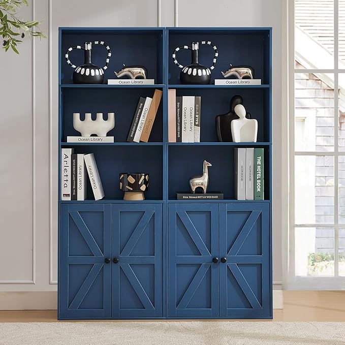 Blue 5-Tier Bookshelves for Living Room, Farmhouse Tall Bookcase with Doors, Wooden Bookshelf with Storage Cabinet and Shelves for Living Room, Home Office (2PCS)