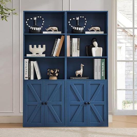 Blue 5-Tier Bookshelves for Living Room, Farmhouse Tall Bookcase with Doors, Wooden Bookshelf with Storage Cabinet and Shelves for Living Room, Home Office (2PCS)