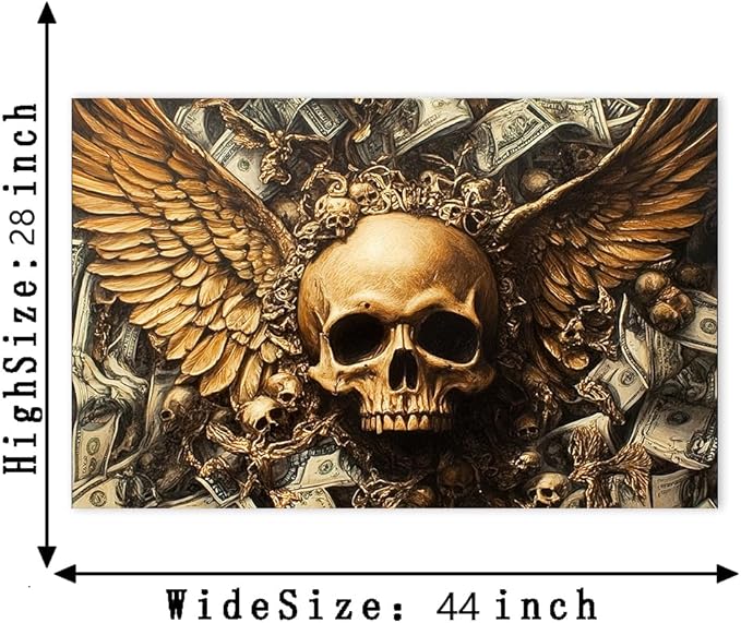 Large Money Wall Art Golden Wings Skull and Dollar Bills Posters Wall Decor Gothic Canvas Print Artwork for Living Room Bedroom Dark Fantasy Themed Decoration 28x44inch