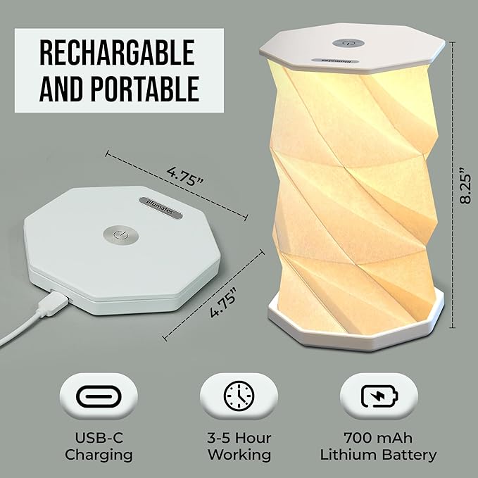 Origami Expanding Foldable LED Desk Lamp – USB Rechargeable & Portable - Dimmable Touch Control Light with Adjustable Height up to 8.25 for Office, Travel, Bedside - Sleek & Modern Design (White)