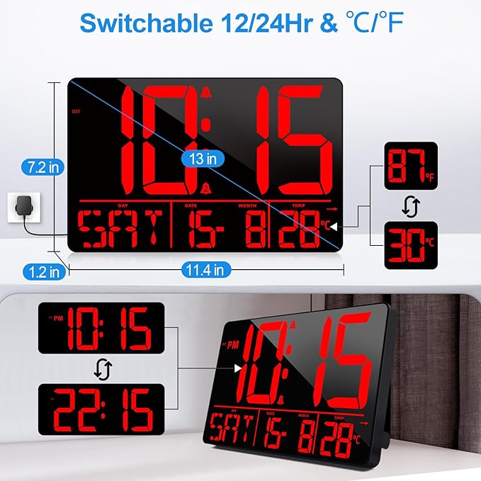 13" Bluetooth Auto Sync Wall Clock - Large Digital Alarm Clock with Remote, 25 Ringtones, Dual Alarm, Adjustable Brightness, 12/24H, Auto DST, for Living Room, Kitchen, Office, Elderly（Red）