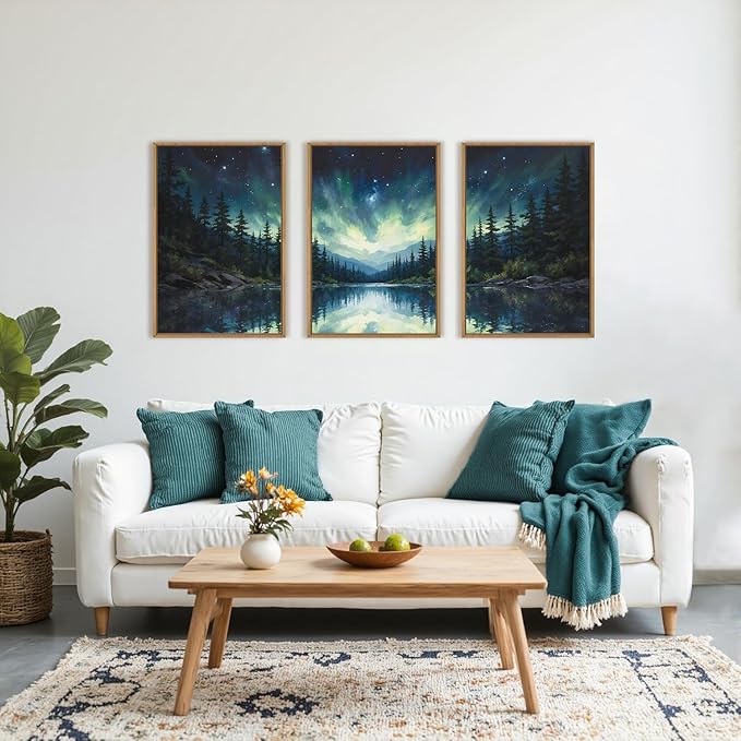 HOURIA Luminous Northern Lights Forest Lake Framed Canvas Wall Art Set,Starry Nordic Aurora Borealis Mountain Scenery Decor,Wilderness Pine Tree Reflection Artwork for Living Room,Farmhouse-16 x24 x3