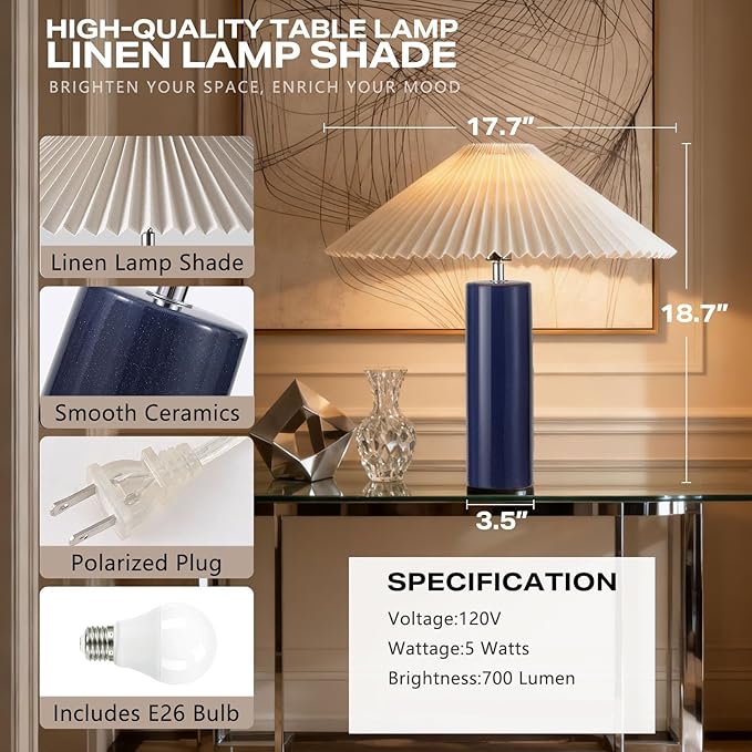 Ceramic Table Lamps for Bedroom, Adjustable Shade Lamps for Night Stands, Modern Cylindrical Nightstand Table Lamps 5W E26 for Bedroom Bedside Buffet, Blue