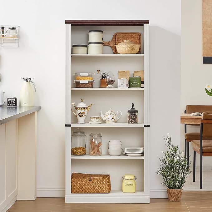 70" White Tall Bookshelf,5-Tier Thick Wooden Book Shelf with Adjustable Shelves,Free Standing Farmhouse Bookcase with Open Display Storage,Floor Vintage Bookshelves for Living Room,Office