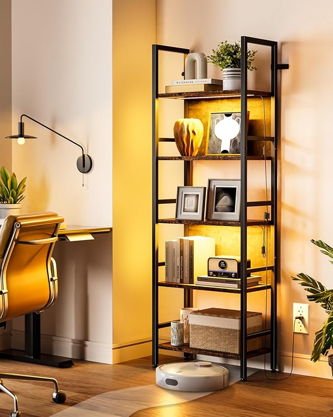 Dunatou 5 Tier Tall LED Book Shelf, 6FT Tall Standing Shelves with RGB Lights, 24'' Wide Lighted Wood Book Shelf 70 Inch Tall, Dimmable Light Up Wooden Bookcase for Bedroom Living Room Office