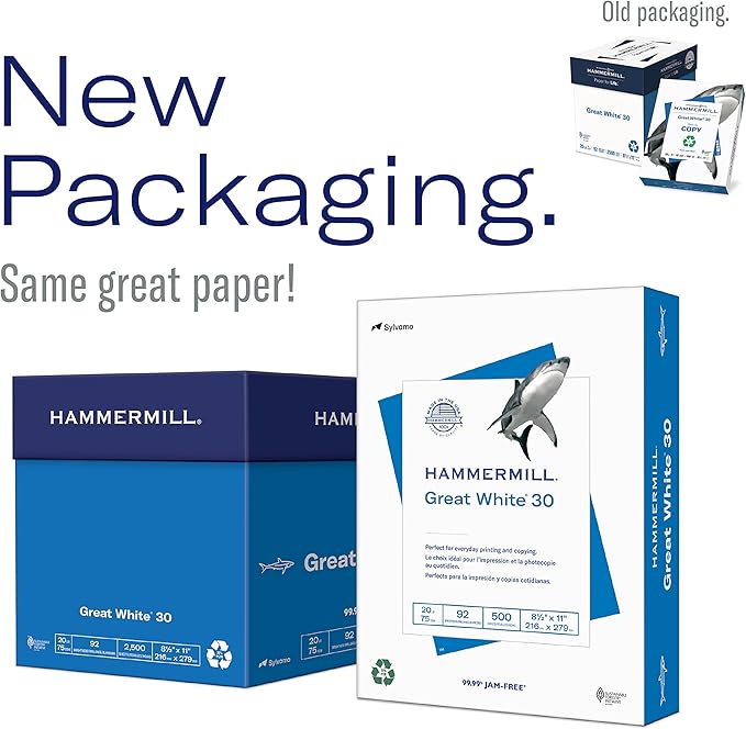 Hammermill Printer Paper, Great White 100% Recycled Paper, 8.5 x 11 - 92 Bright, Made in the USA , 500 Sheets (Pack of 10 Ream)