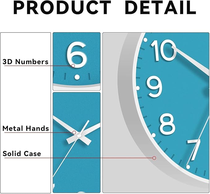 Wall Clock 12 Inch Silent Wall Clocks Battery Operated-Modern Non Ticking Analog Clock Decorative for Kitchen Bedroom Office (Blue)