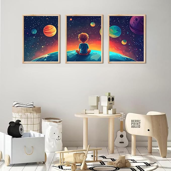 3Pcs Space Boy Wall Art Cute Inspirational Canvas Painting Space Fantasy Wall decor pictures with Planet Pattern posters Prints for Child’s Bedroom Office and Home Decoration Unframed 16x24in posters