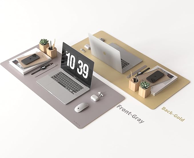 RENMTURE Double-Sided Two-Tone Faux Leather Desk mat Desktop Organization and Accessories Home and Office Large Mouse pad Game and Work (Gray/Gold, 36"x17")